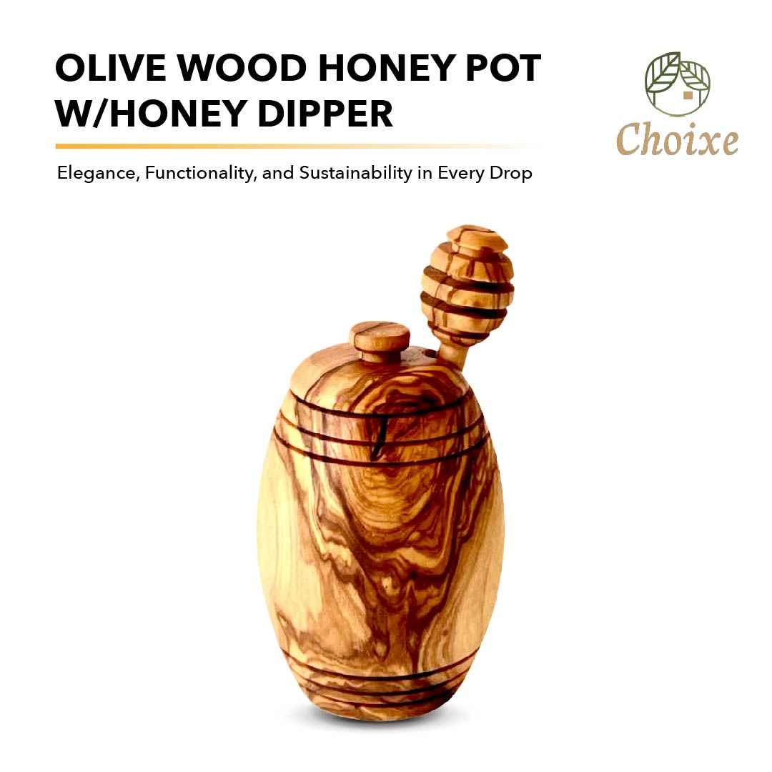 Hand-Carved Olive Wood Honey Pot with Dipper