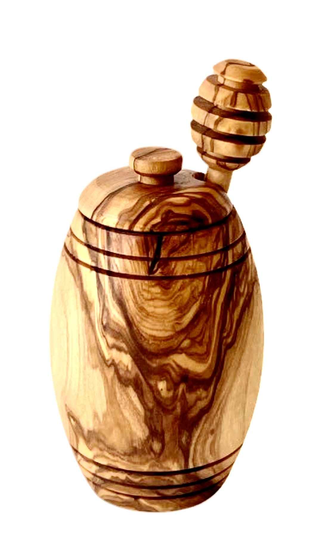 Hand-Carved Olive Wood Honey Pot with Dipper