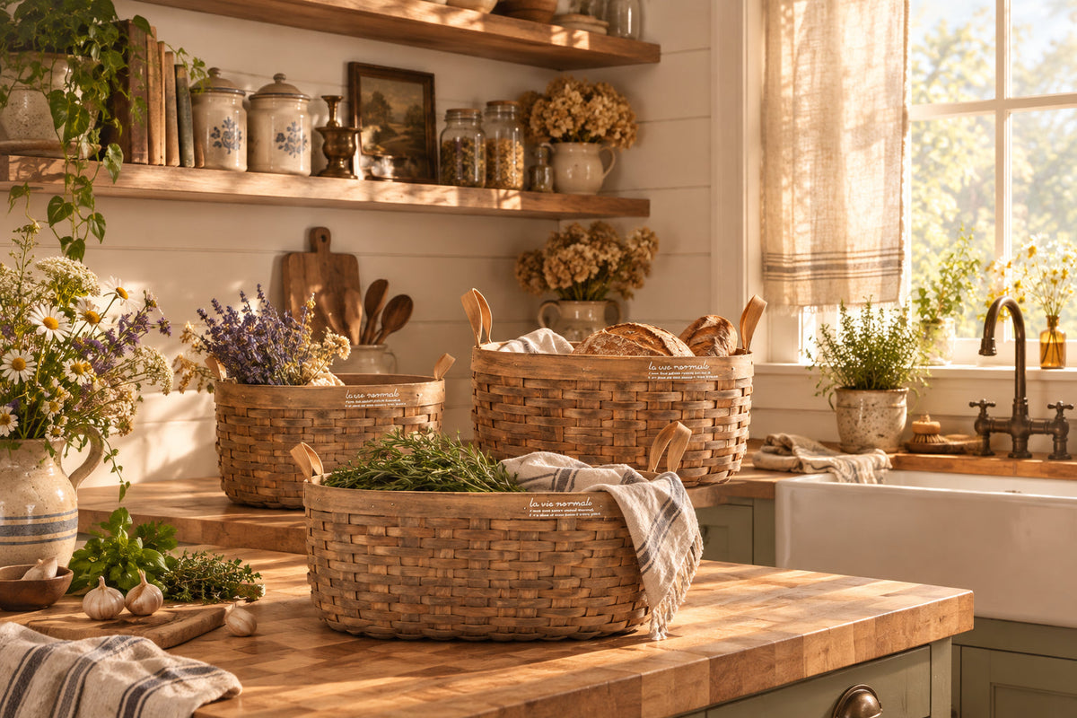 Handwoven Storage Basket with Carbonized Wood Handle
