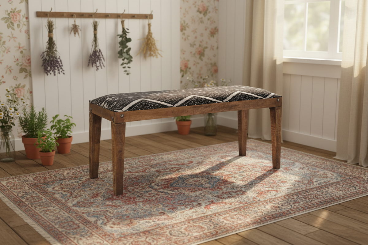 Black and Natural Geometric Mango Wood Bench - Collected Bohemian