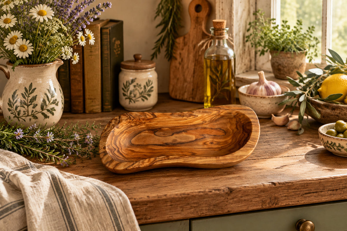 Hand-Carved Olive Wood Bowl – Wavy Serving Dish