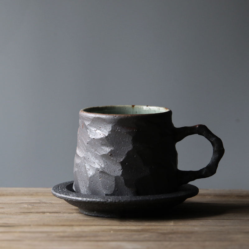 Handcrafted Stoneware Coffee Cup Set with Saucer – Vintage Cottagecore Style