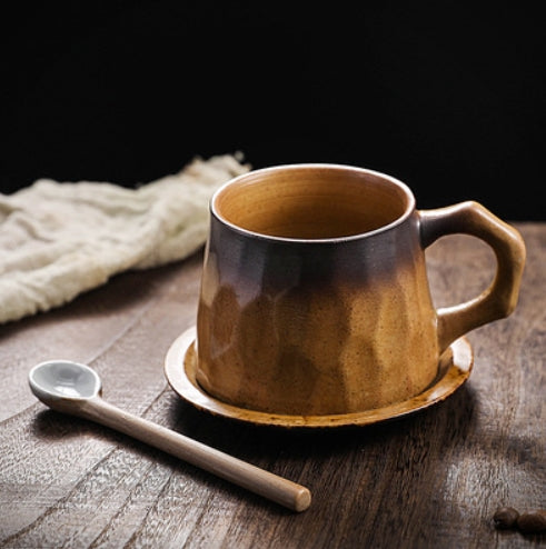 Handcrafted Stoneware Coffee Cup Set with Saucer – Vintage Cottagecore Style