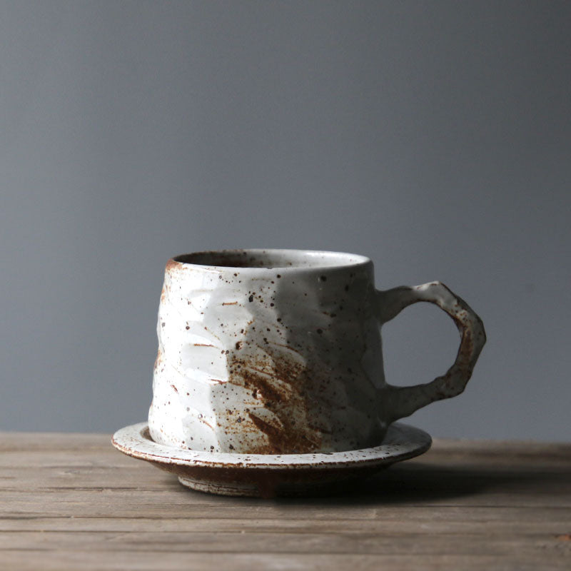 Handcrafted Stoneware Coffee Cup Set with Saucer – Vintage Cottagecore Style