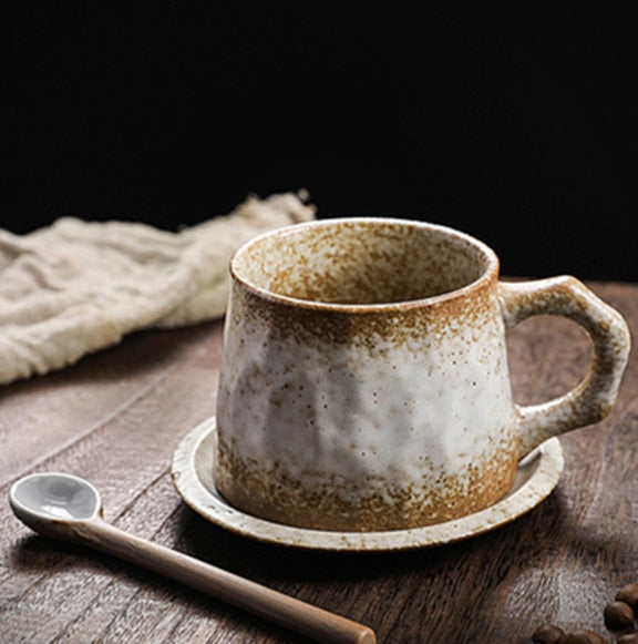 Handcrafted Stoneware Coffee Cup Set with Saucer – Vintage Cottagecore Style